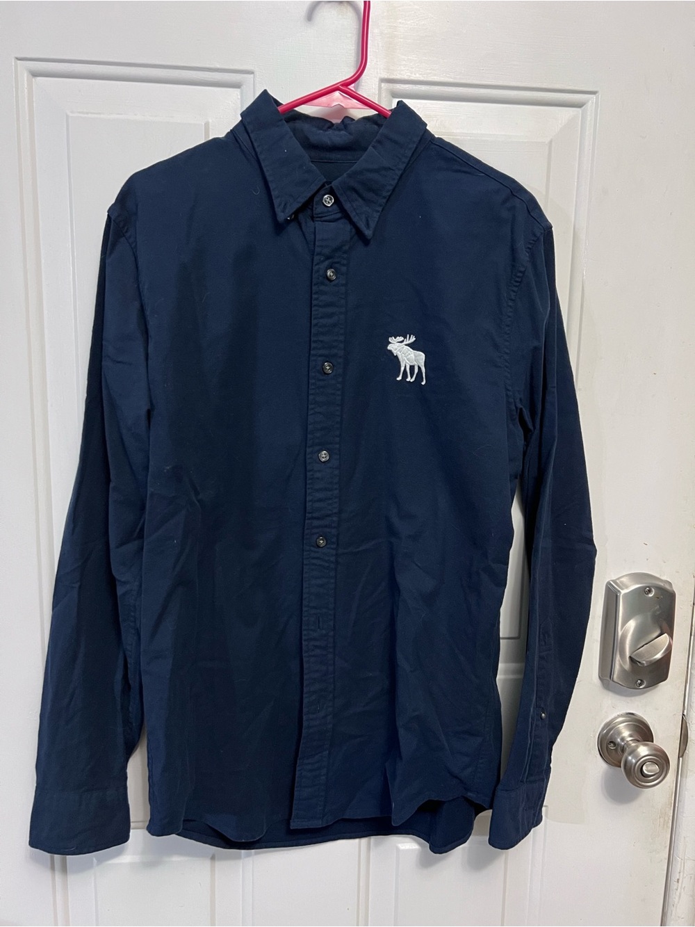 Abercrombie & Fitch Men’s M Navy Stretch Button Down Shirt Large Moose Logo